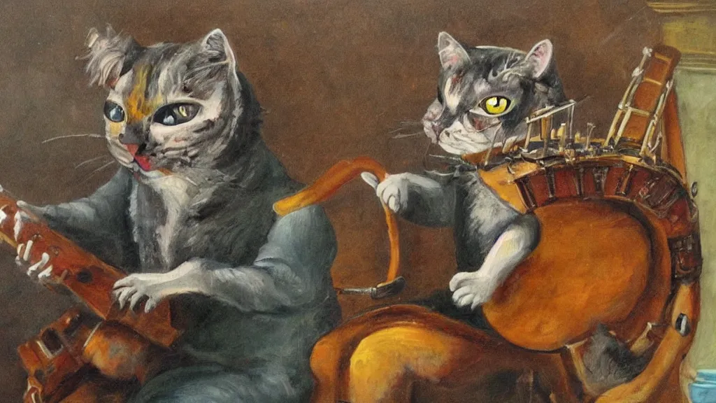 Image similar to A painting of a half-man half-cat creature playing the hurdy gurdy.
