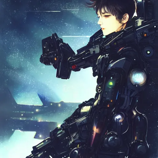 Image similar to bokeh, beautiful detail, stars in the sky, cybernetic, sci-fi space game art, jeon Jungkook holding a gun. alien planet art by Akihito Yoshitomi AND Yoji Shinkawa AND Greg Rutkowski, Mark Arian trending on artstation