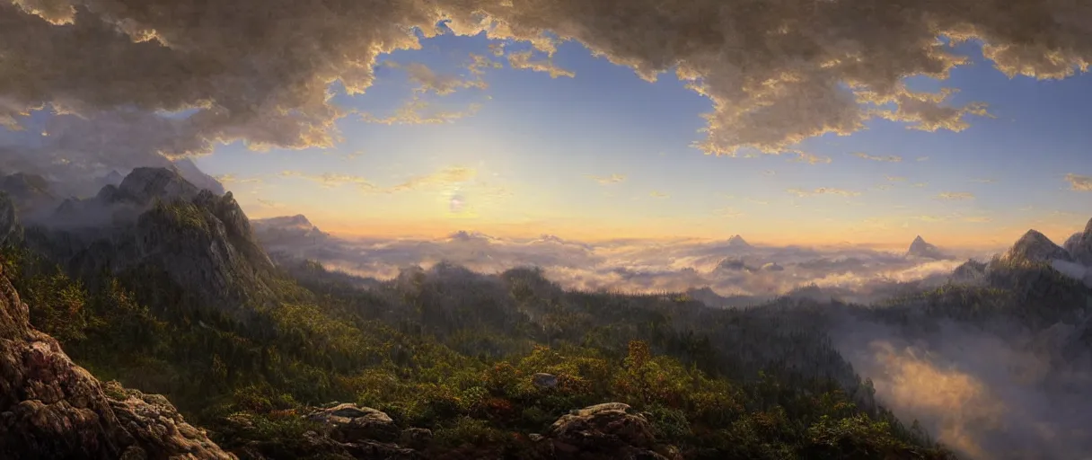 Prompt: a photorealistic breathtaking aerial view of the eastern alps mountain range at sunrise, cliffs, fog, hyperrealism, highly detailed, intricate, cinematic, front facing camera, cinematic, epic lighting, 8 k by frederic church, albert bierstadt