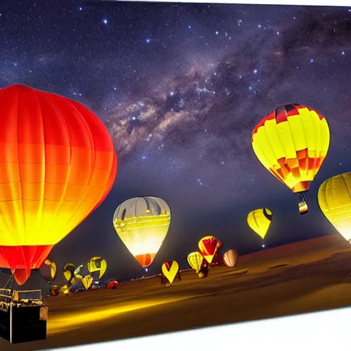 Image similar to beautiful lit hot air balloons floating in the beautiful night sky, john singer sargent art style, 4 k, modern
