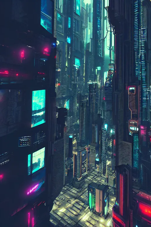 Image similar to cyberpunk city from ground pov, photo realistic, highly detailed, rendered in octane, artstation, 35mm, atmospheric, cinematic lighting, dramatic dusk sky