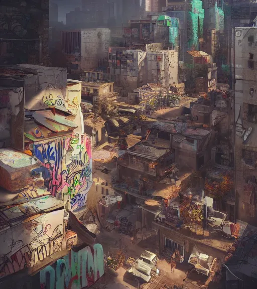 Image similar to a cupule full of graffitis, trending on artstation, behance, octane render, award winning, archviz, matte painting, sunrays, ethereal, masterpiece, epic