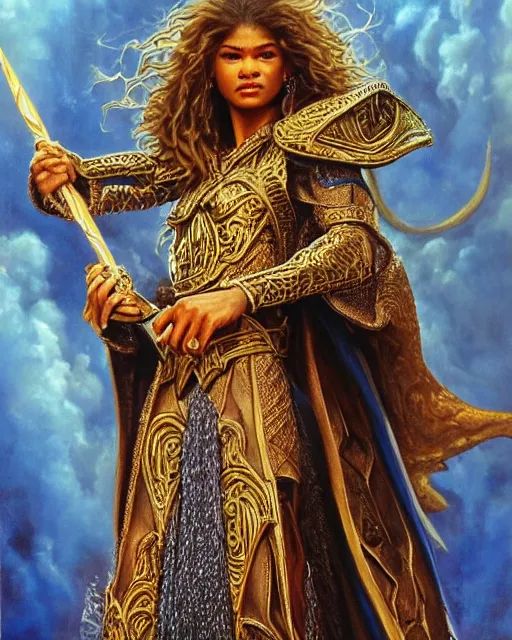 Prompt: detailed portrait of Zendaya as a powerful dungeons and dragons wizard, wearing gilded robe, intricate, hyper detailed, realistic, oil painting, by jeff easley, boris vallejo, cinematic lighting