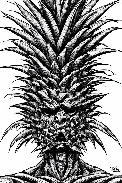 Image similar to pineapple humanoid figure monster, symmetrical, highly detailed, digital art, sharp focus, trending on art station, kentaro miura manga art style