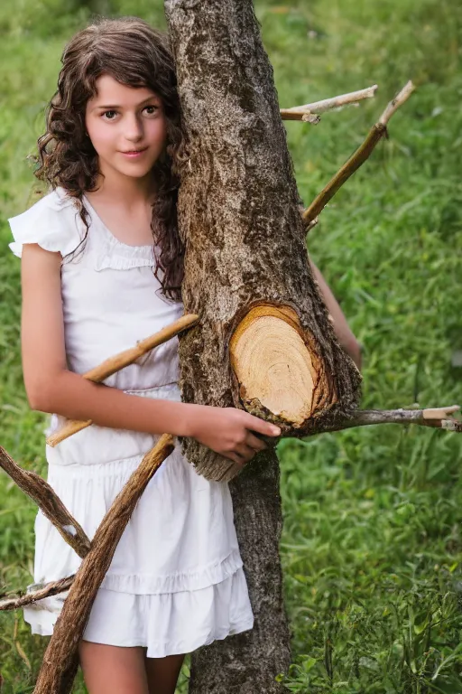 Prompt: a middle-school girl with unkempt wavy short brown hair wearing a white dress and holding a bundle of firewood, high resolution film still, 8k, HDR color, short hair