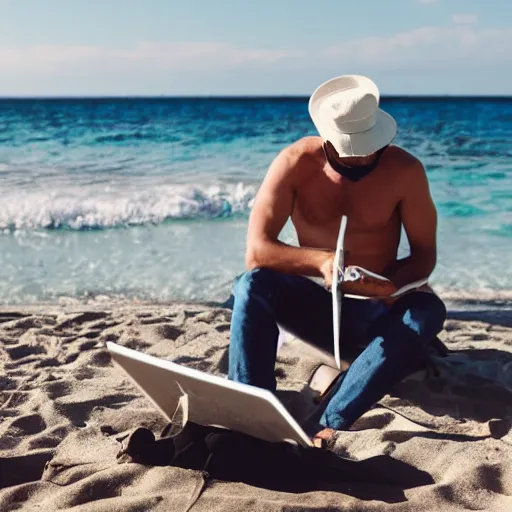 Image similar to photo of man working with notebook on the beach, relax