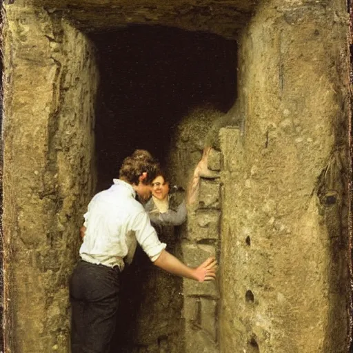 Image similar to young victorian man and woman solving a riddle carved into a stonewall in a dungeon, by alfred stevens