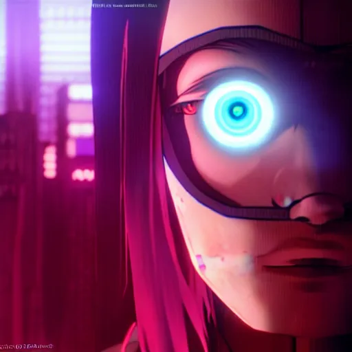 Prompt: cyberpunk movie still from the animatrix in the style of arcane : : small female android cyborg - angel, glowing red left eye and glowing blue right eye : : cinematic lighting, advanced digital cyberpunk art : : wlop, rossdraws sakimimichan, ilya kuvshinov, krenz cushart, greg rutkowski