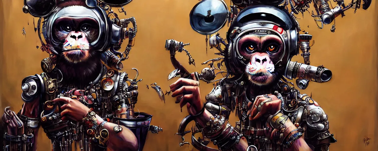 Prompt: a portrait of an anthropomorphic cyberpunk monkey wearing a helmet, beating the snare drum by sandra chevrier, by jon foster, detailed render, cymbals, epic composition, cybernetics, 4 k realistic, bongos, cryengine, realistic shaded lighting, sharp focus, masterpiece, by enki bilal