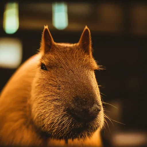 Image similar to a beautiful photo of a capybara chews on a nvidia gpu, eats an rtx 1 0 8 0 graphic card, wildlife photography, kodak gold 2 0 0, depth of field, f / 2 2, neon lamp, volumetric lighting, award - winning photo