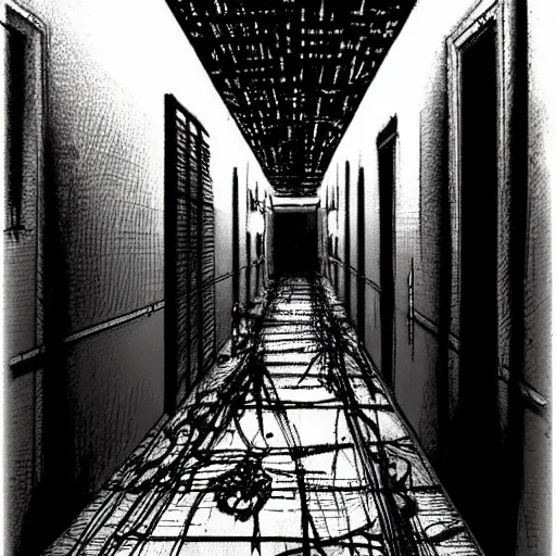 Image similar to ominous space station hallway by tsutomu nihei, inked, minute details, desolation, hyper realistic, cosmic horror, biomechanical, beautiful