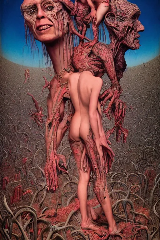 Image similar to 35mm color, humans enslaved by machines, portrait, fashion shoot, freak show, weird, random, strange, hyperdetailed, photorealistic, interesting, by David la chapelle and karol bak and david cronenberg and WETA digital, art by Zdzisław Beksiński, Ivan Bilibin, Dariusz Zawadzki , ID magazine, octane rendering, cinematic, hyperrealism, octane rendering, 8k, depth of field, bokeh.