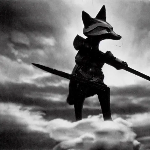 Image similar to anthropomorphic fox who is a medieval knight holding a sword towards a stormy thundercloud, 1 9 3 0 s film still