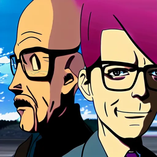 Image similar to jesse pink man and walter white in an anime, 4 k, anime style