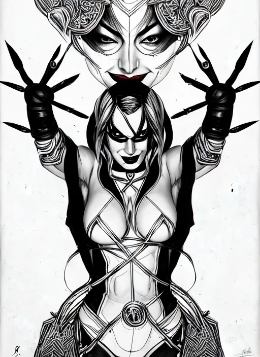 Prompt: symmetry concpet art, full shot, traditional ink, sketch, of olivia wilde as harley quinn, line sketch, intricate, elegant, highly detailed, monochrome, digital painting, artstation, concept art, sharp focus, illustration, art by borderlands 3 and peter polach