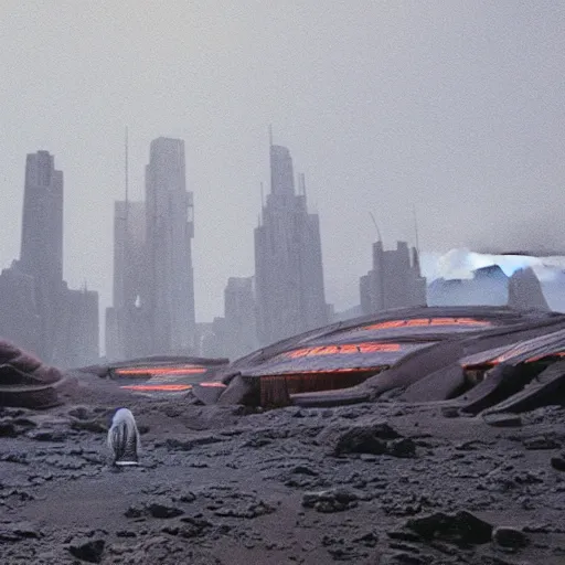 Prompt: 35mm film still blade runner set on Mars in an neon city, domes made of glas