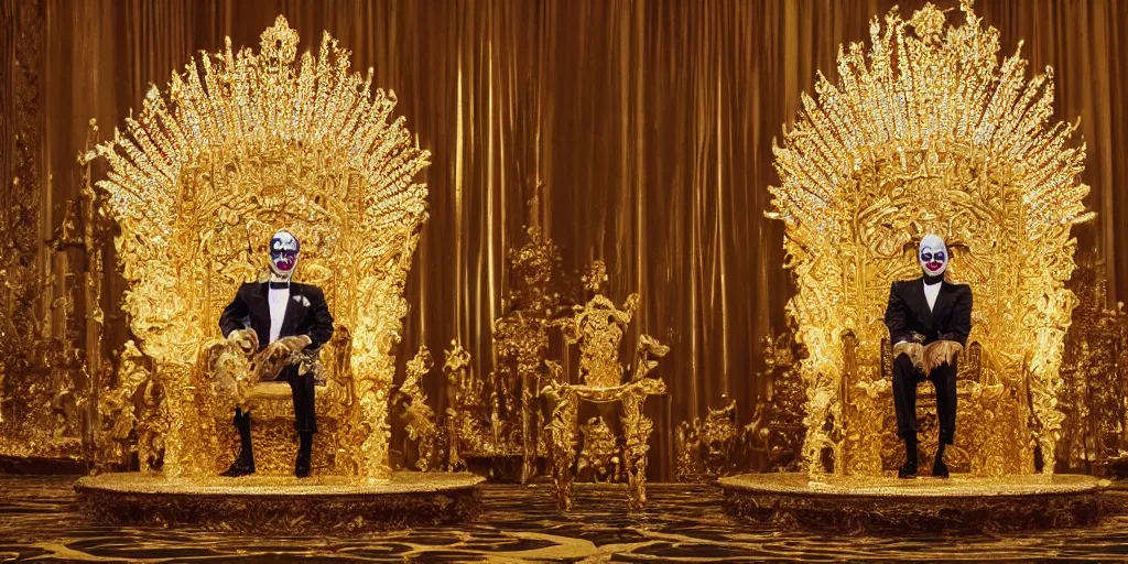 Prompt: shining majestic throne made of millions of diamonds, gold and zaphires with thousands of light reflections, and a stupid clown on a suit is sitting on the throne while handing a globe, 4 k