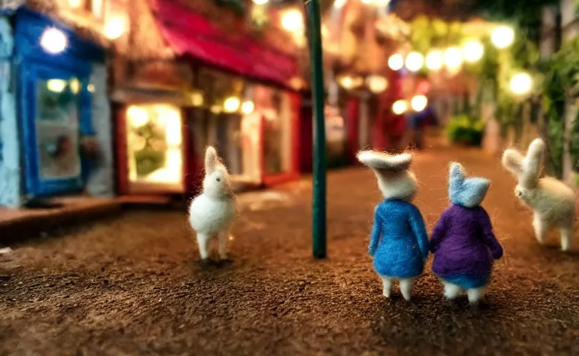 Image similar to miniature cafe diorama, macro photography, cafe with felted bunnies on a date, alleyway, ambient, atmospheric, british, cozy, bokeh, romantic, colorful lanterns