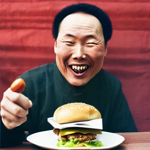 Image similar to a photo of a happy man from qing empire eating a hamburger, award winning photo, high quality