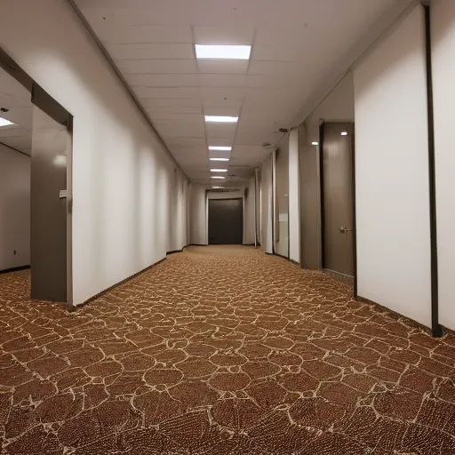 Prompt: an ominous endless space of empty connecting rooms with vanilla colored wallpaper and brown carpet, no windows