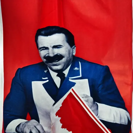 Image similar to hyper realist photograph of staline smiling and biting his lip seductively with the ussr flag behind him, close up, face picture, 4 k, very detailed