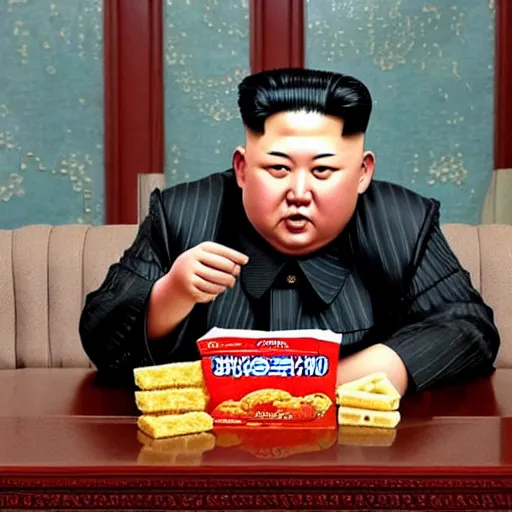 Image similar to cinematic shot of kim jong - un sitting on a couch in an apartment eating a box of cheez - its, 8 k, very intricate, very detailed,