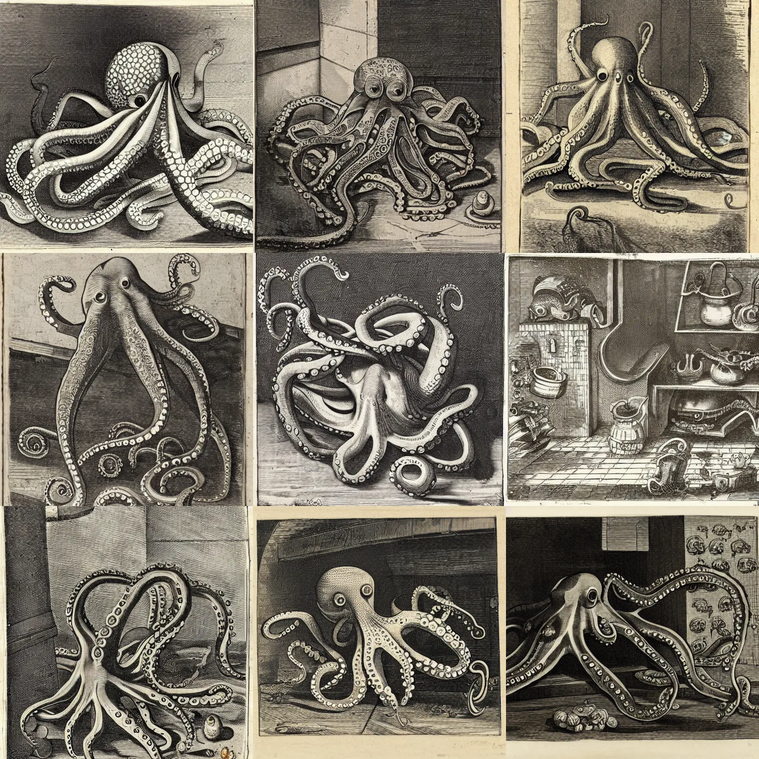 Prompt: an octopus lost in a garage, engraving, 1 7 th century