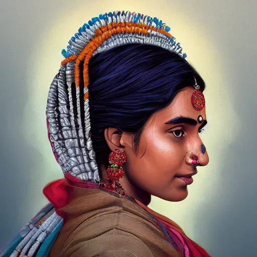 Prompt: portrait of an Indian woman with a computer chip in the back of her head, headshot, detailed, fantasy, trending on artstation
