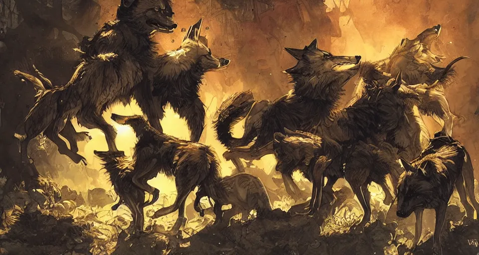 Prompt: WOLVES AND THEIR TREASURES. By Travis Charest, James Gurney, and Ashley Wood. magic lighting. Magic the gathering. digital painting.