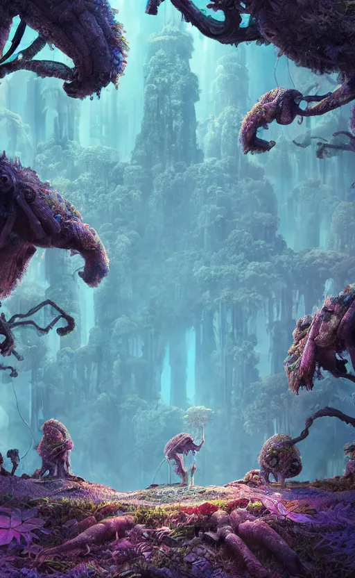 Image similar to microscopic tardigrade, microbiology, magical forest, ruins, civilization, vegetation, mayan, futuristic, sharp focus, electric, backlight, furry, soft, concept art, intricate details, highly detailed, photorealistic, disney pixar, james gilleard, moebius, print, iridescent, global illumination, anime, game art