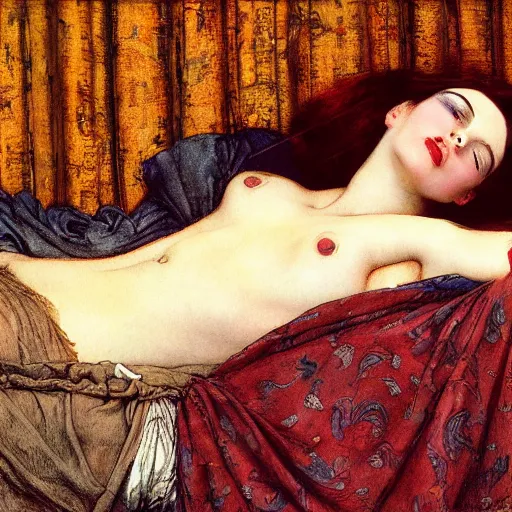 Prompt: reclining on bed, hybrid of judy garland and lady gaga, aged 2 5, brown fringe, huge downslanted eds eyes, large full lips, wide shot, yellow ochre ornate medieval dress, john william waterhouse, kilian eng, rosetti, john everett millais, william holman hunt, william morris, 4 k