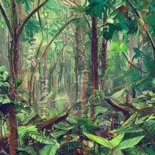 Prompt: a rainforest, lushious leaves, beautiful colors, illustration, colored pencil, concept art, digital art, cinematic, cool color palette, 8 k, hd