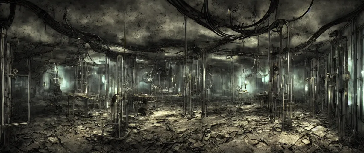 Image similar to abandoned laboratory from 1 9 3 0 s - early xx century - vintage vacuum - tube computers - metal pipes - obsolete technology - high resolution - sharp focus 4 k - dark atmosphere - high contrast - retro futuristic - biomechanic mutation - volumentric lighting - cinematic atmosphere - concept art by hans giger, ruan jia, steve mccurry