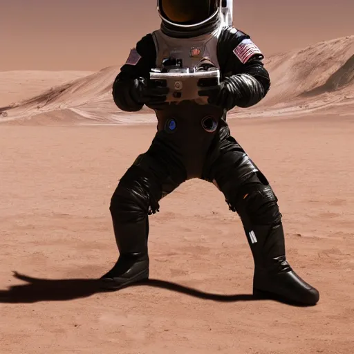 Image similar to a movie still of a spaceman in a futuristic black space suit on a desert planet