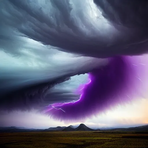 Image similar to amazing photo of a purple clouds in the shape of a tornado by marc adamus, beautiful dramatic lighting