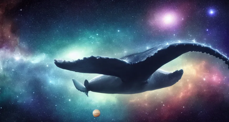 Image similar to high quality photo of big whale floating in dark beautiful space filled with stars, planets and galaxies, photorealism, 8k, extremely detailed