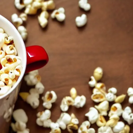 Prompt: cat enjoying milk in a big mug with popcorns