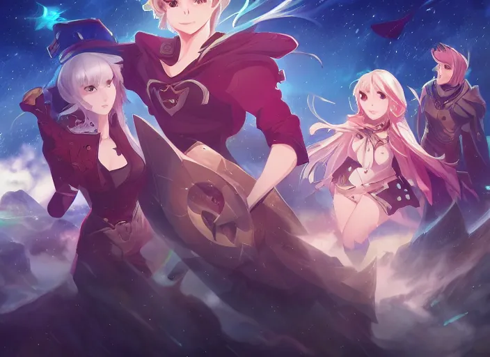 Image similar to watching the stars at night, on a mountain, by league of legends, riot, anime key visual, poster