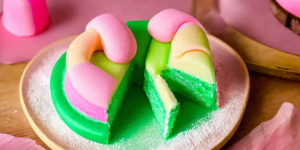 Image similar to A photo of a swedish princess cake from the side on a wooden table, covered with pink marzipan, some powder sugar and a green marzipan leaf in the center. Sunset. 4K. Cinematic lighting. High detail. Realistic. Delicious.