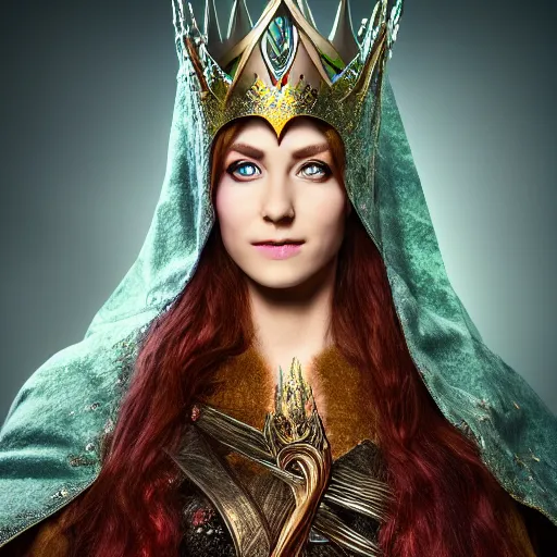 Image similar to photo of a beautiful elven queen queen with ornate crown and cloak, telephoto lens, incredibly detailed, 8k, HDR, studio