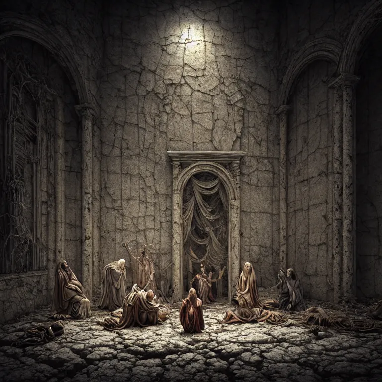 Image similar to ribbed abandoned Nativity of Jesus scene, baroque painting, standing in a desolate empty wasteland, creepy, nightmare, dream-like heavy atmosphere, surreal abandoned buildings, beautiful detailed intricate insanely detailed octane render trending on Artstation, 8K artistic photography, photorealistic, chiaroscuro, Raphael, Caravaggio, Beksinski, Giger