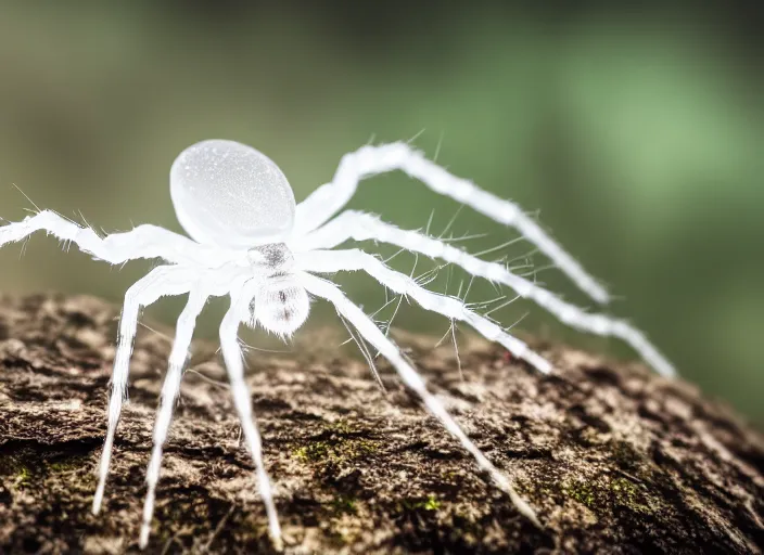 Prompt: super macro of a clear white crystal spider on a flower, in the forest. Fantasy magic style. Highly detailed 8k. Intricate. Nikon d850 300mm. Award winning photography.