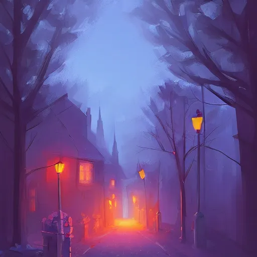 Image similar to A quaint, magical village at night, digital painting by Alena Aenami, trending on artstation