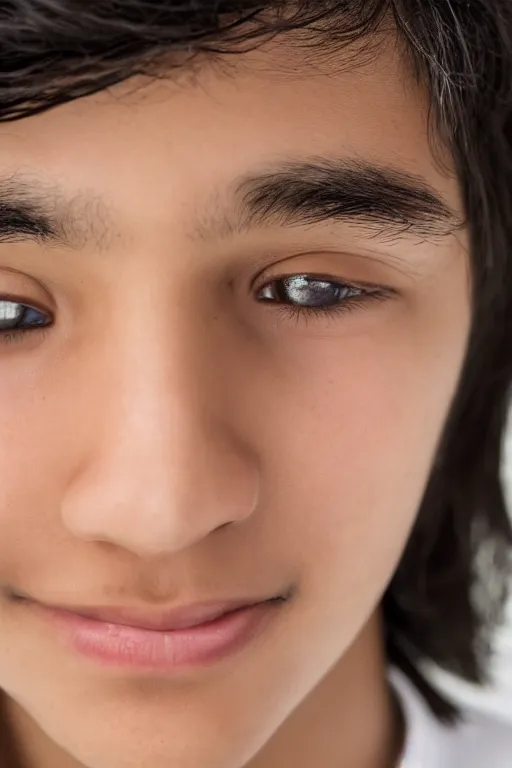 Image similar to close up headshot of an androgynous Hispanic teen boy with medium length slightly wavy black hair a wide smile brown eyes a small nose tidy plucked eyebrows dark brown eyes and a diamond shaped face, high resolution film still, 8k, HDR color