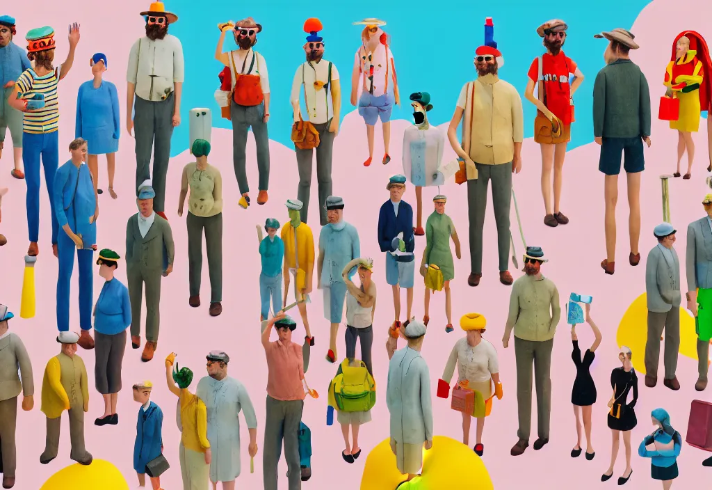 Image similar to full frame, a row of european tourists standing with a variety of poses and props, character designs, a collage painting, in the style of wes anderson, lola dupre, david hockney, isolated on negative white space background dark monochrome neon spraypaint accents volumetric octane render