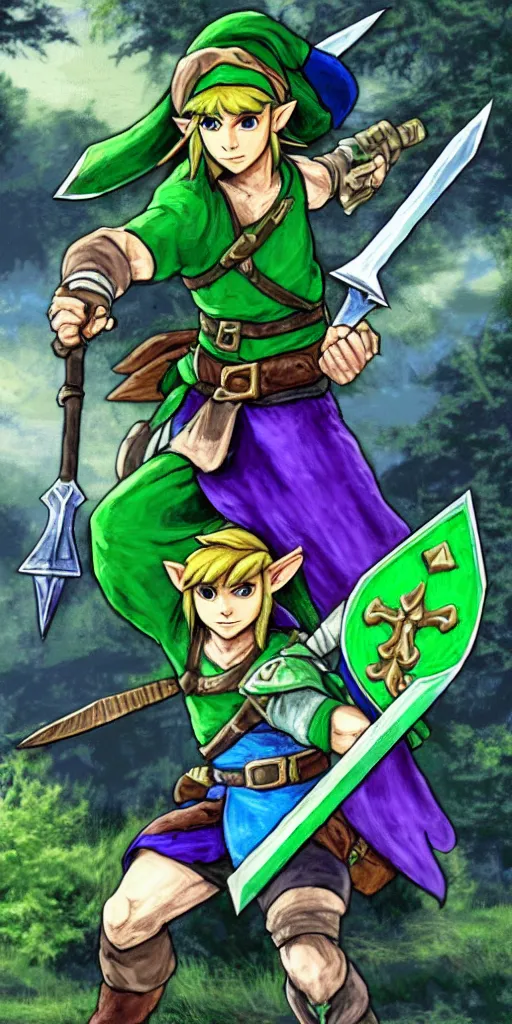 Prompt: link dressed in traditional green tunic and cap, holding the master sword and hylian shield in each hand, in dynamic fighting pose, clear detailed face with focused expression, mystical forest background, dark skies, green purple blue pink iridescent color scheme, intricately detailed, finely textured, cgsociety