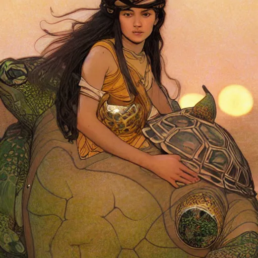 Prompt: a little warrior girl sitting on top of one giant turtle with a wise face that is walking in the desert. the girl has dark skin and beautiful green eyes, realistic full body and a very beautiful detailed symmetrical face with long black hair. diffuse light, dramatic sky and landscape, long shot fantasy illustration by mucha