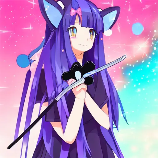 Image similar to Anime girl with long pink hair, blue eyes, and cat ears, in a school uniform, holding a magic wand, with a starry background, in a cute/kawaii style, trending on artstation, artstationHD, artstationHQ.