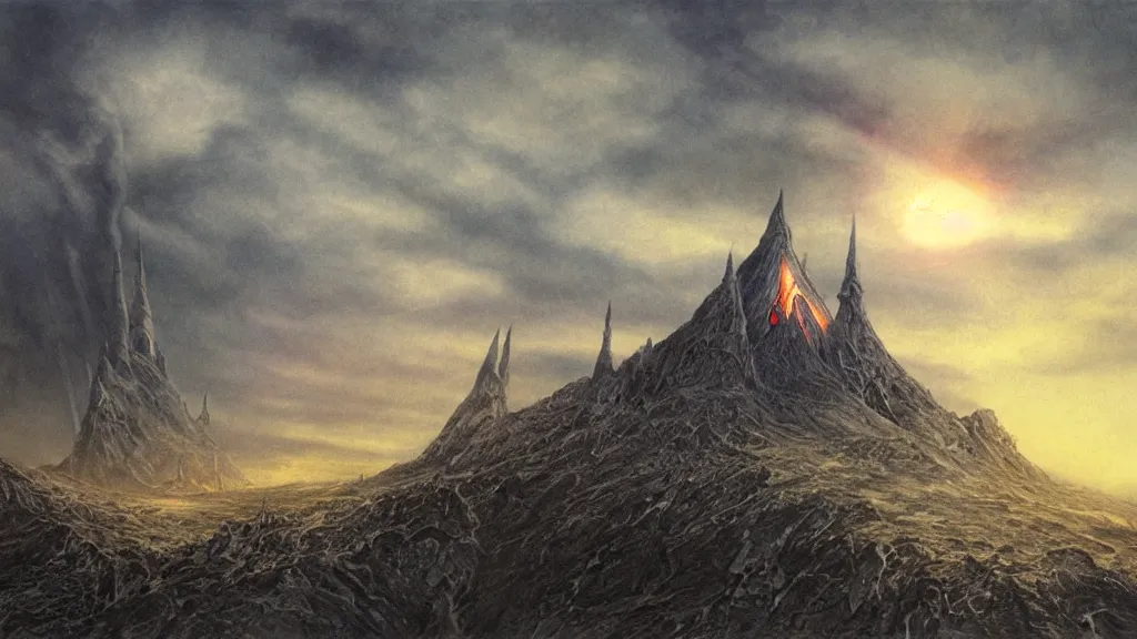 Prompt: darkness over morder, flaming eye of sauron seen in the dark clouds above. by alan lee, intricate, lord of the rings calendar, smooth, detailed terrain, oil painting, trending artstation, concept art, matte painting