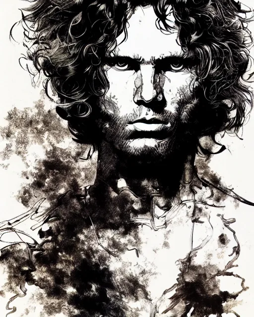 Image similar to portrait of jim morrison, concept art, sumi - e style, intricate linework, artstation, trending, highly detailed, smooth, focus, art by yoji shinkawa and glenn fabry,